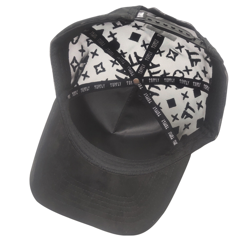 Wholesale High Quality Embroidery Logo Suede Brim Black Baseball Cap 5 Panel Dandy Hats Satin Lining Baseball Hats