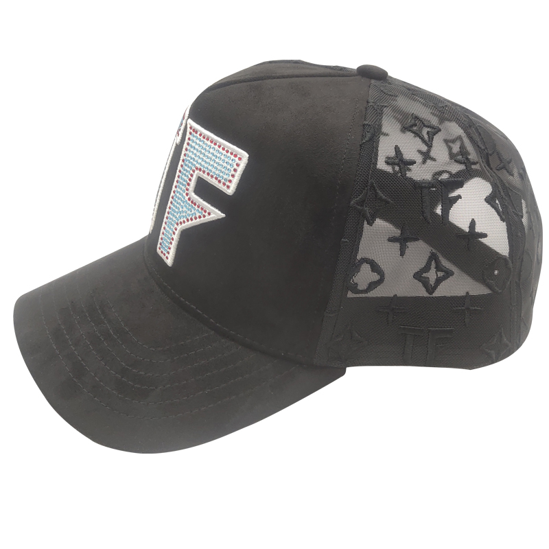Wholesale High Quality Embroidery Logo Suede Brim Black Baseball Cap 5 Panel Dandy Hats Satin Lining Baseball Hats