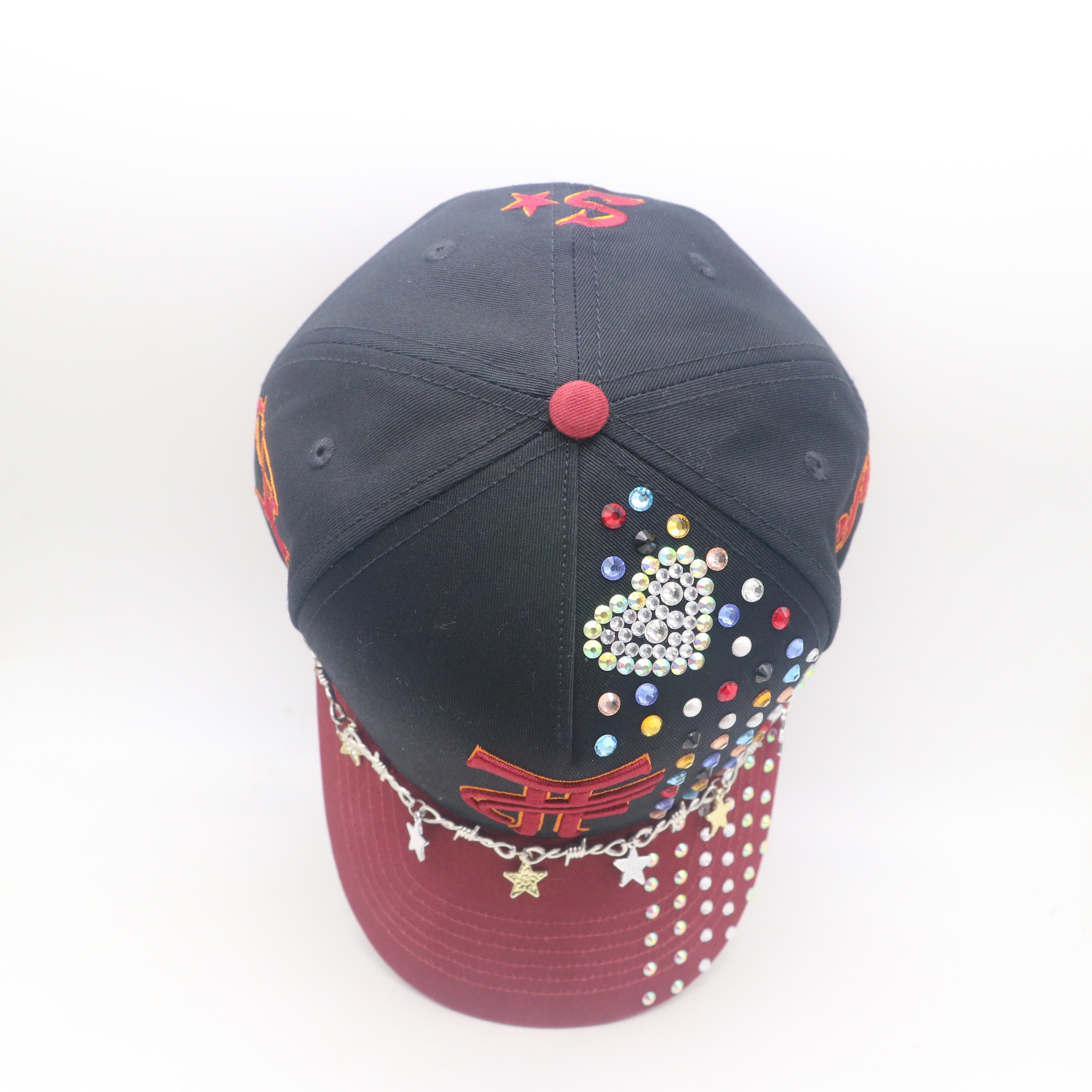 Topfly Black Red Rhinestone Baseball Cap Barbed Wire Star Chain Streetwear Trucker Hat