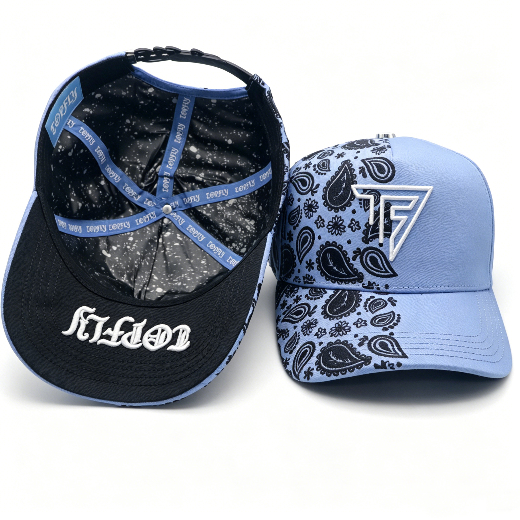 Light Blue Paisley Print Baseball Cap Custom 3D Embroidery Logo Streetwear Trucker Hat