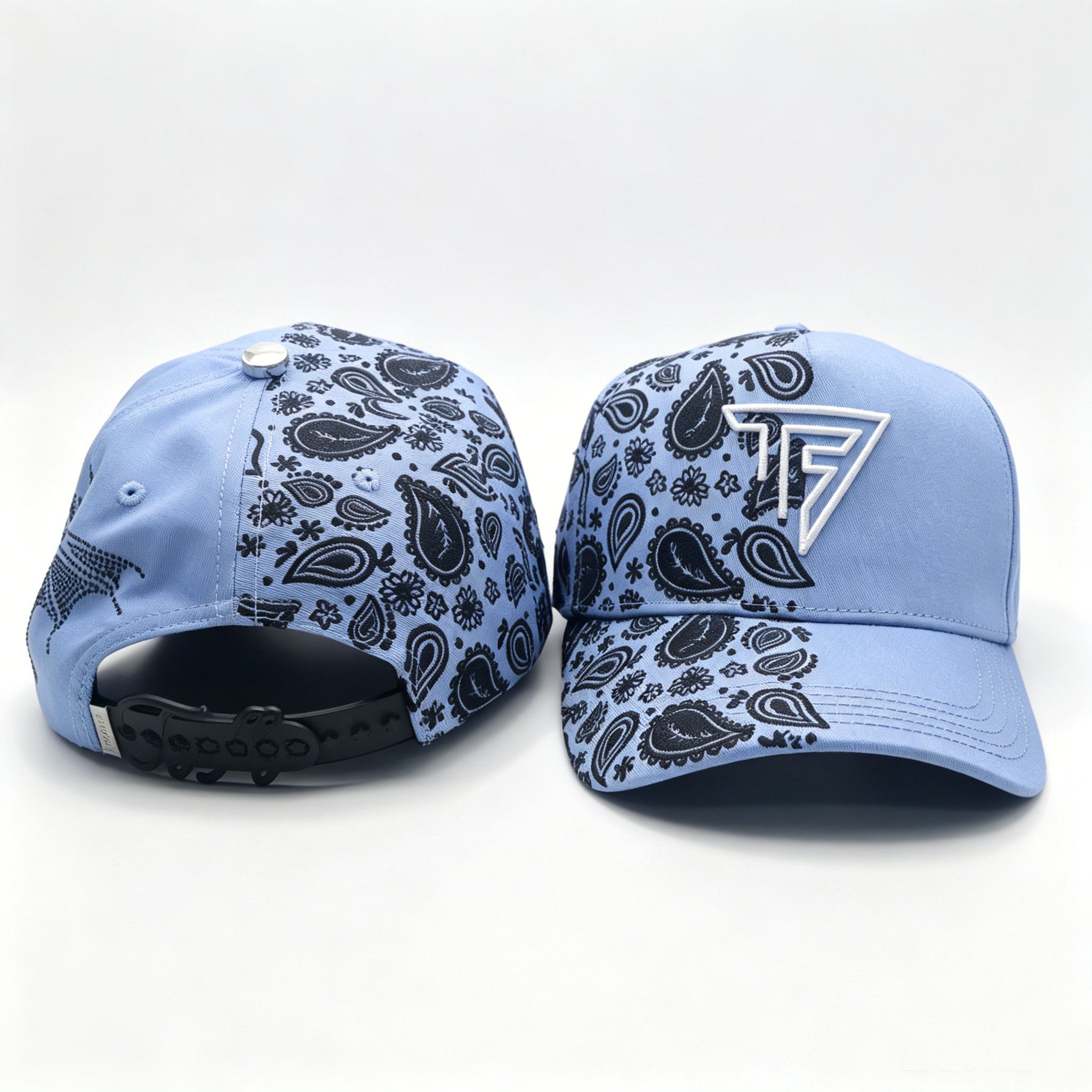 Light Blue Paisley Print Baseball Cap Custom 3D Embroidery Logo Streetwear Trucker Hat