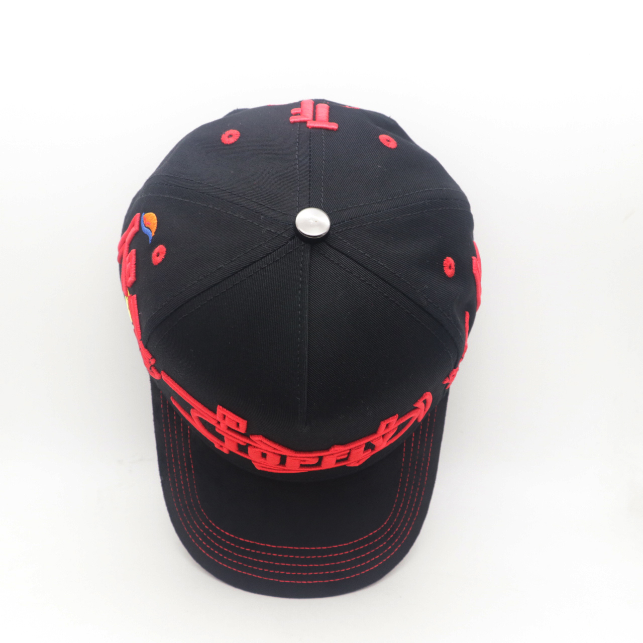 Black Red Contrast Stitching Dad Hat Custom 3D Embroidery Logo Side Smile Rainbow Embroidery Streetwear Baseball Cap