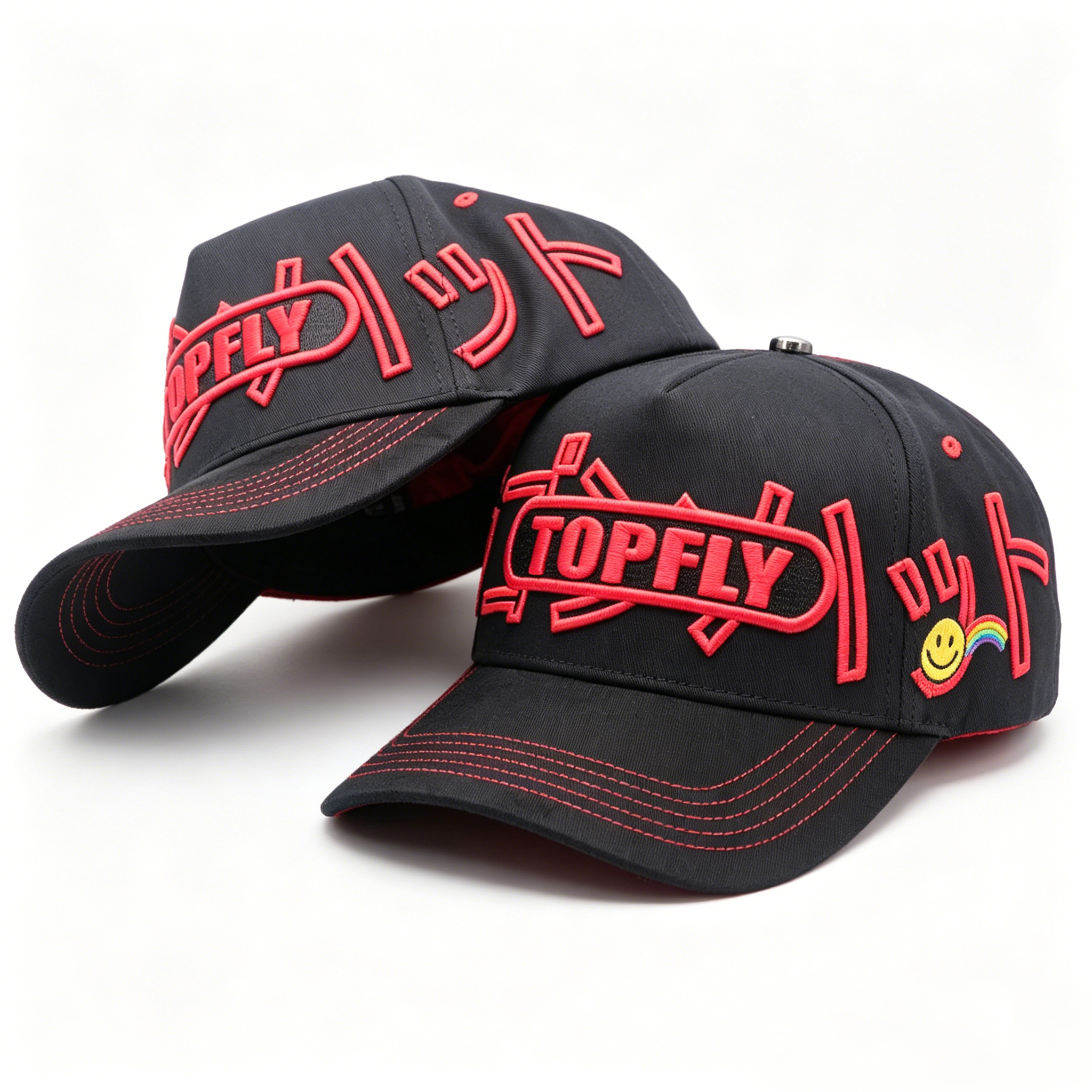 Black Red Contrast Stitching Dad Hat Custom 3D Embroidery Logo Side Smile Rainbow Embroidery Streetwear Baseball Cap