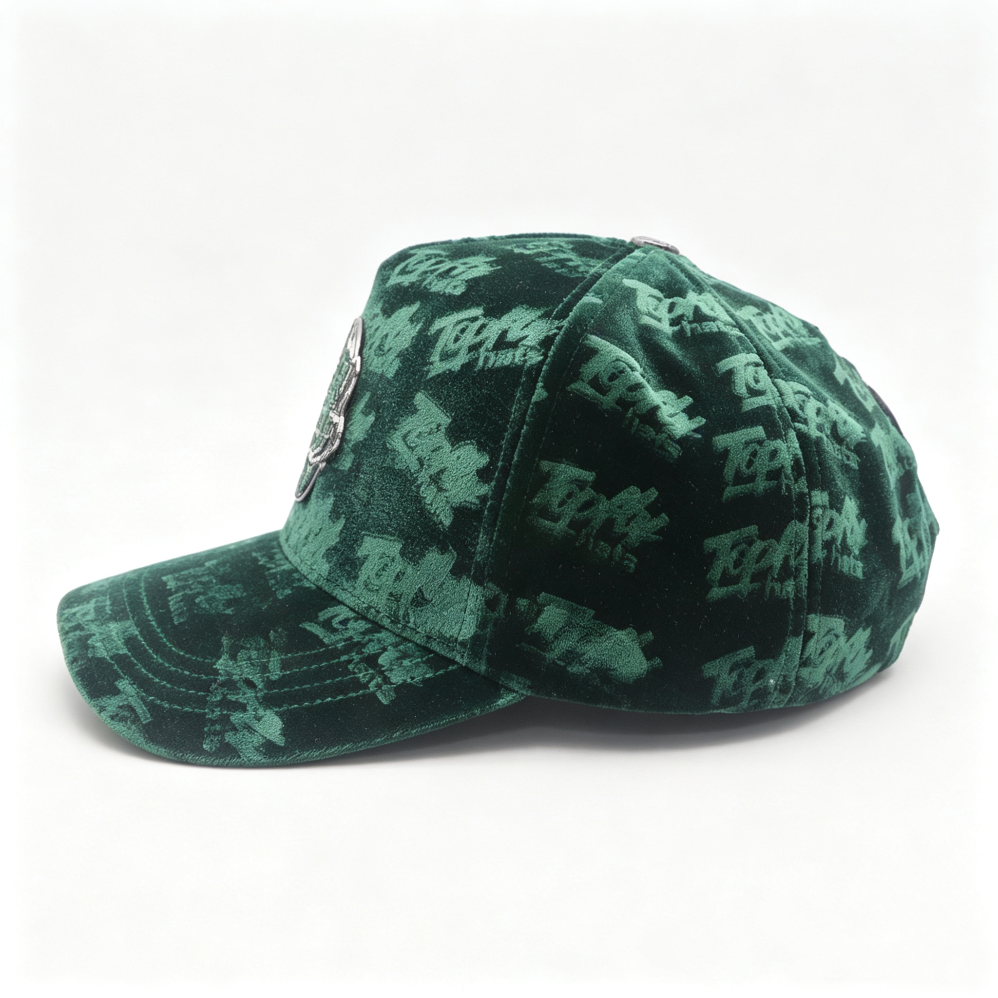 Luxury Dark Green Velvet Baseball Cap With Rhinestone Metal Patch Custom All Over Print Hat