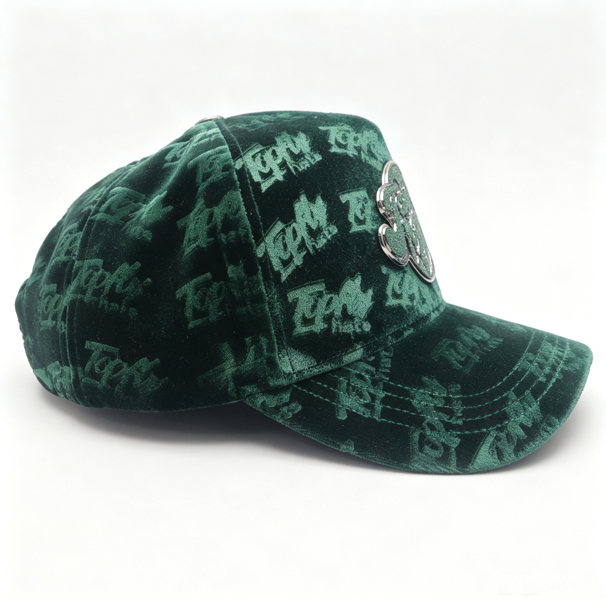 Luxury Dark Green Velvet Baseball Cap With Rhinestone Metal Patch Custom All Over Print Hat