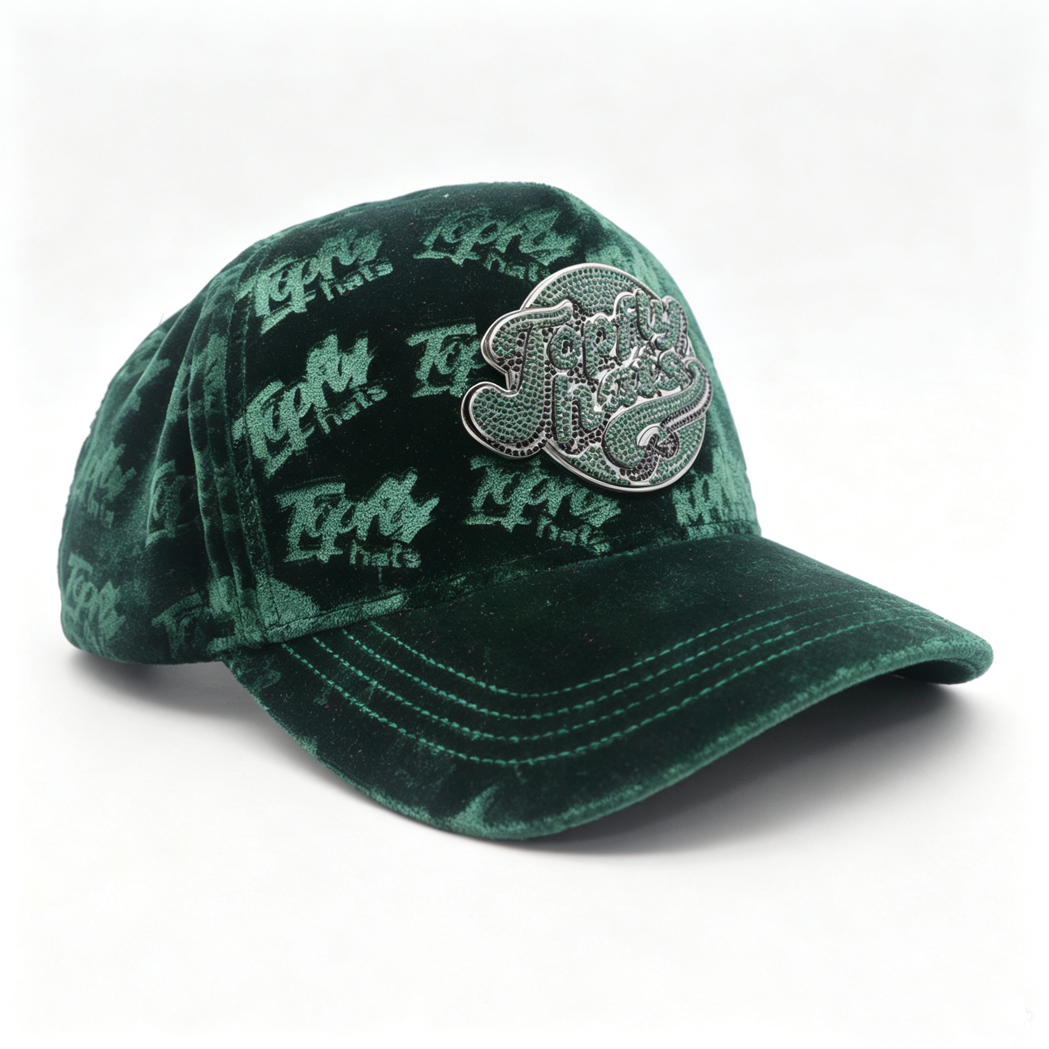 Luxury Dark Green Velvet Baseball Cap With Rhinestone Metal Patch Custom All Over Print Hat