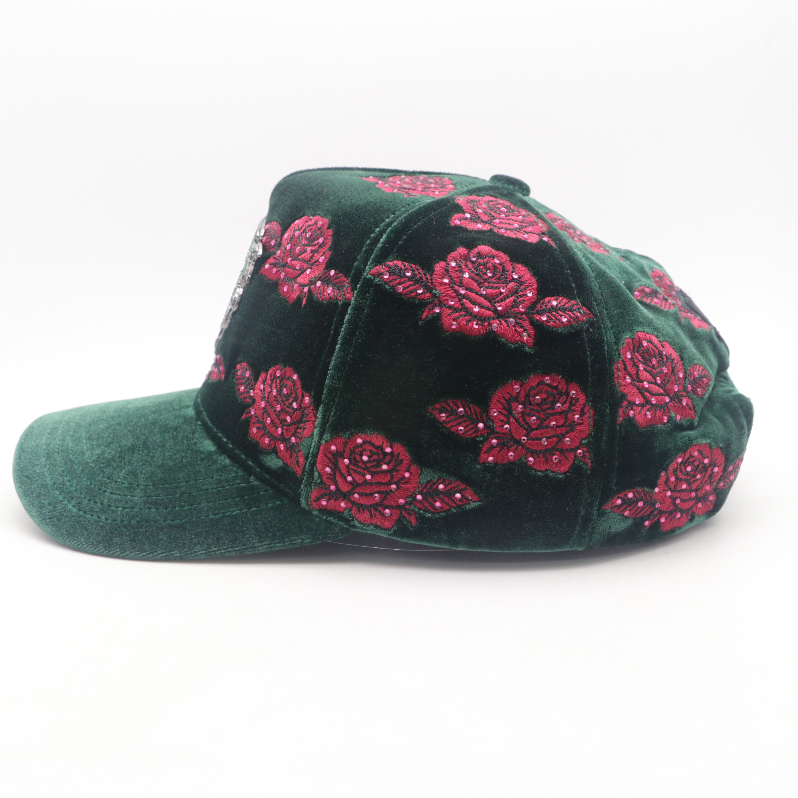 Dark Green Velvet Trucker Cap All Over 3D Rose Embroidery Custom Metal Logo Baseball Hat