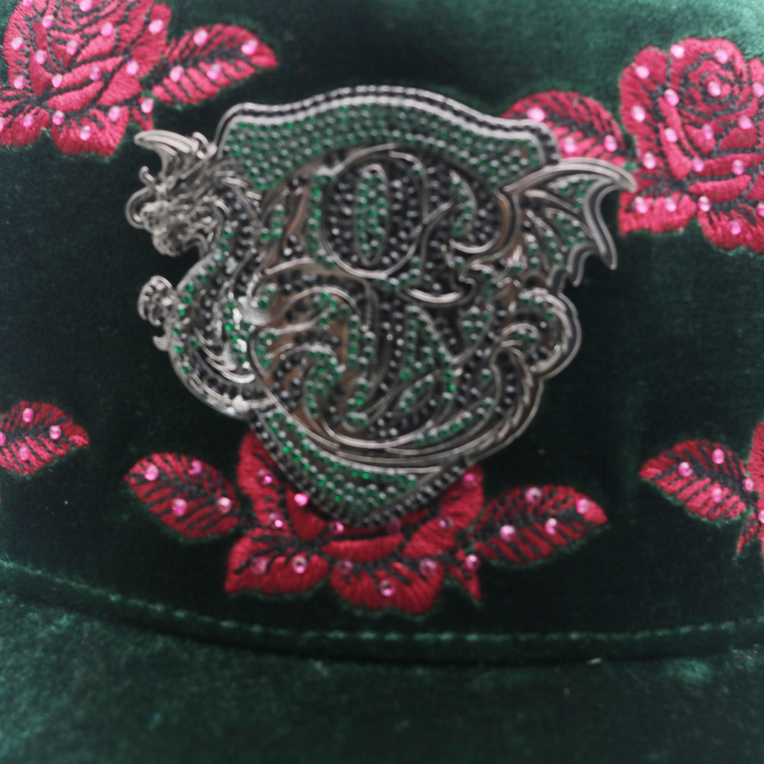 Dark Green Velvet Trucker Cap All Over 3D Rose Embroidery Custom Metal Logo Baseball Hat