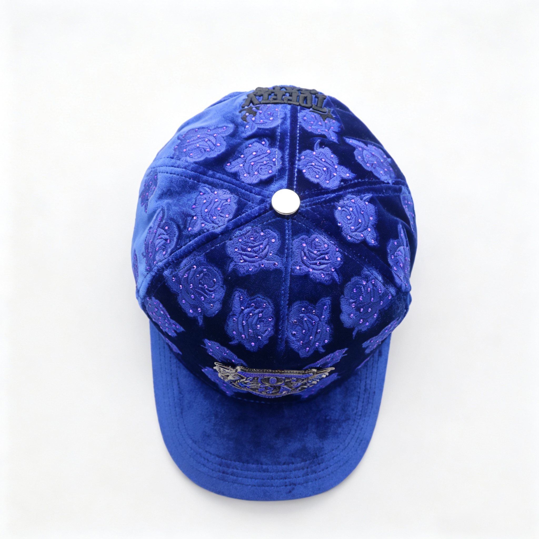 Fashion Velvet Baseball Cap Embossed Rose With Rhinestones Custom Bling Metal Logo Trucker Hat