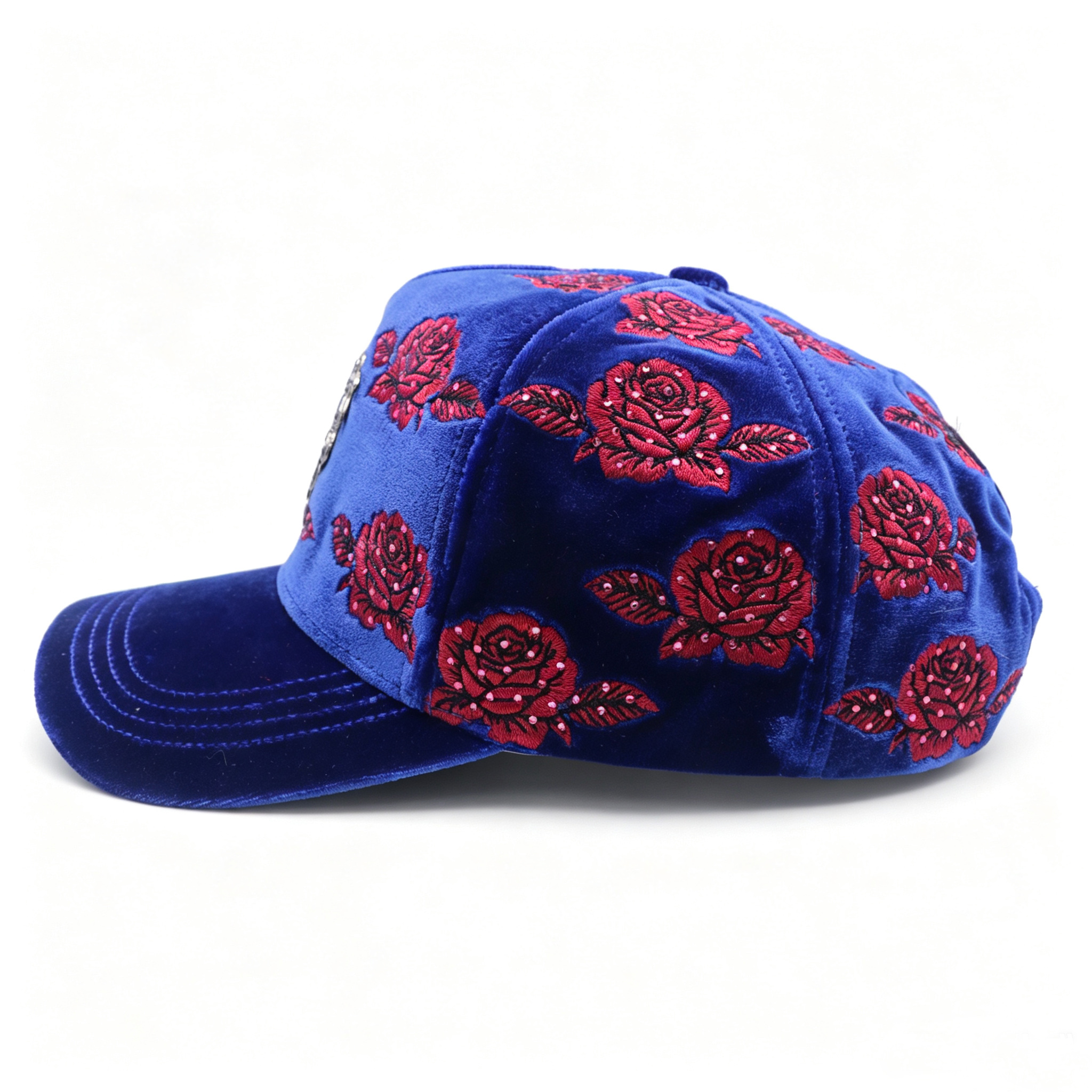 Luxury Royal Blue Velvet Cap Floral Rose Embroidery Rhinestone Custom Metal Badge Women Trendy Trucker Hat