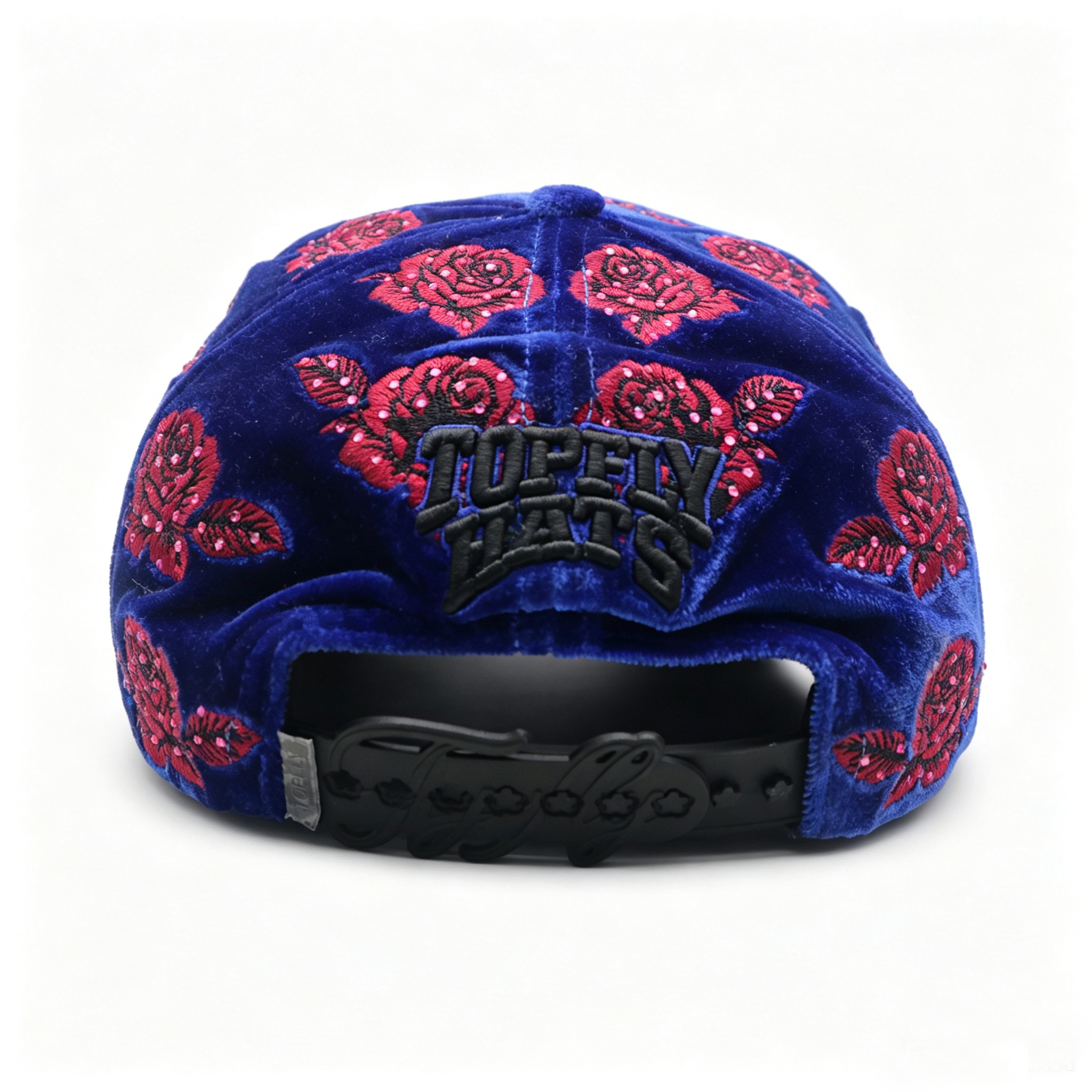 Luxury Royal Blue Velvet Cap Floral Rose Embroidery Rhinestone Custom Metal Badge Women Trendy Trucker Hat
