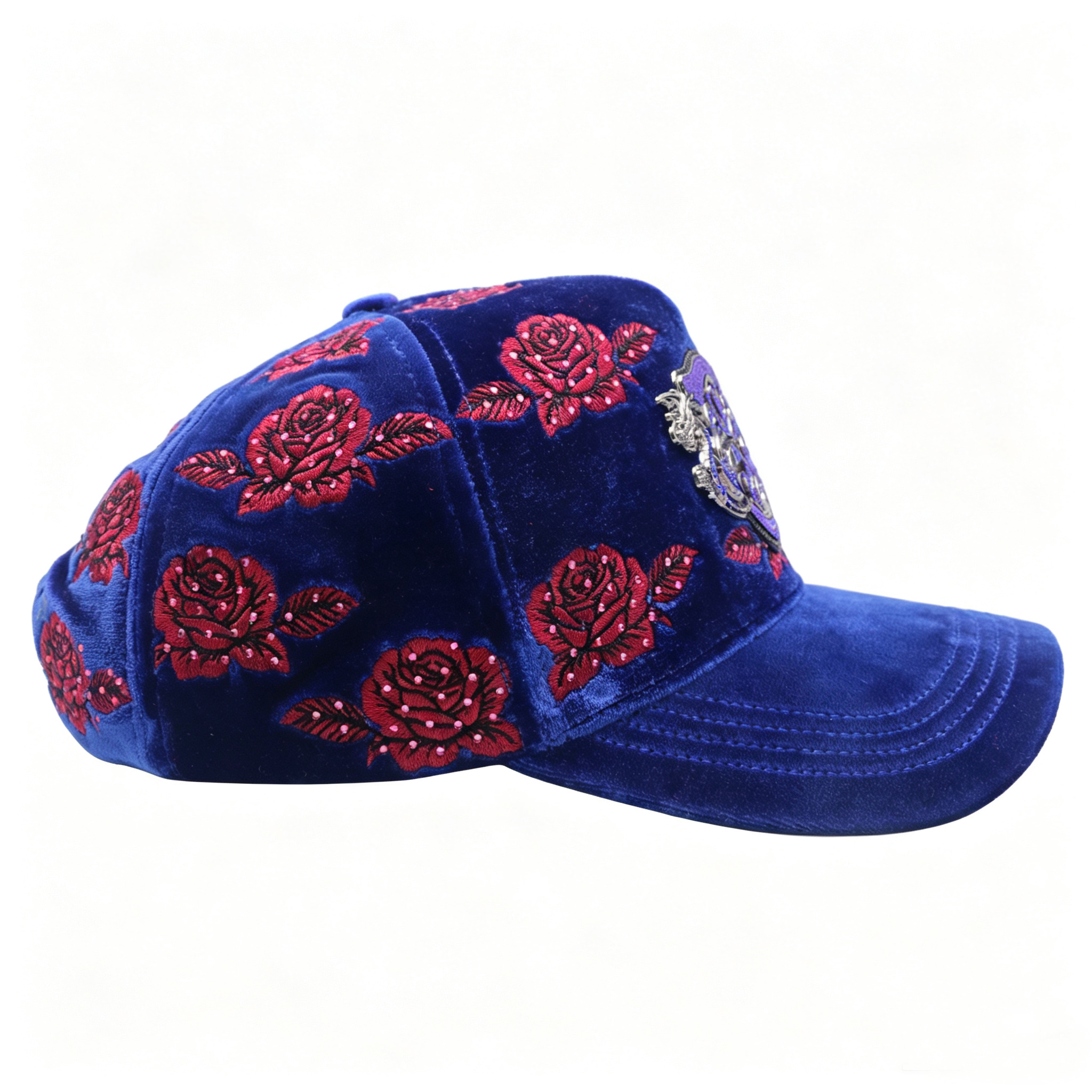 Luxury Royal Blue Velvet Cap Floral Rose Embroidery Rhinestone Custom Metal Badge Women Trendy Trucker Hat