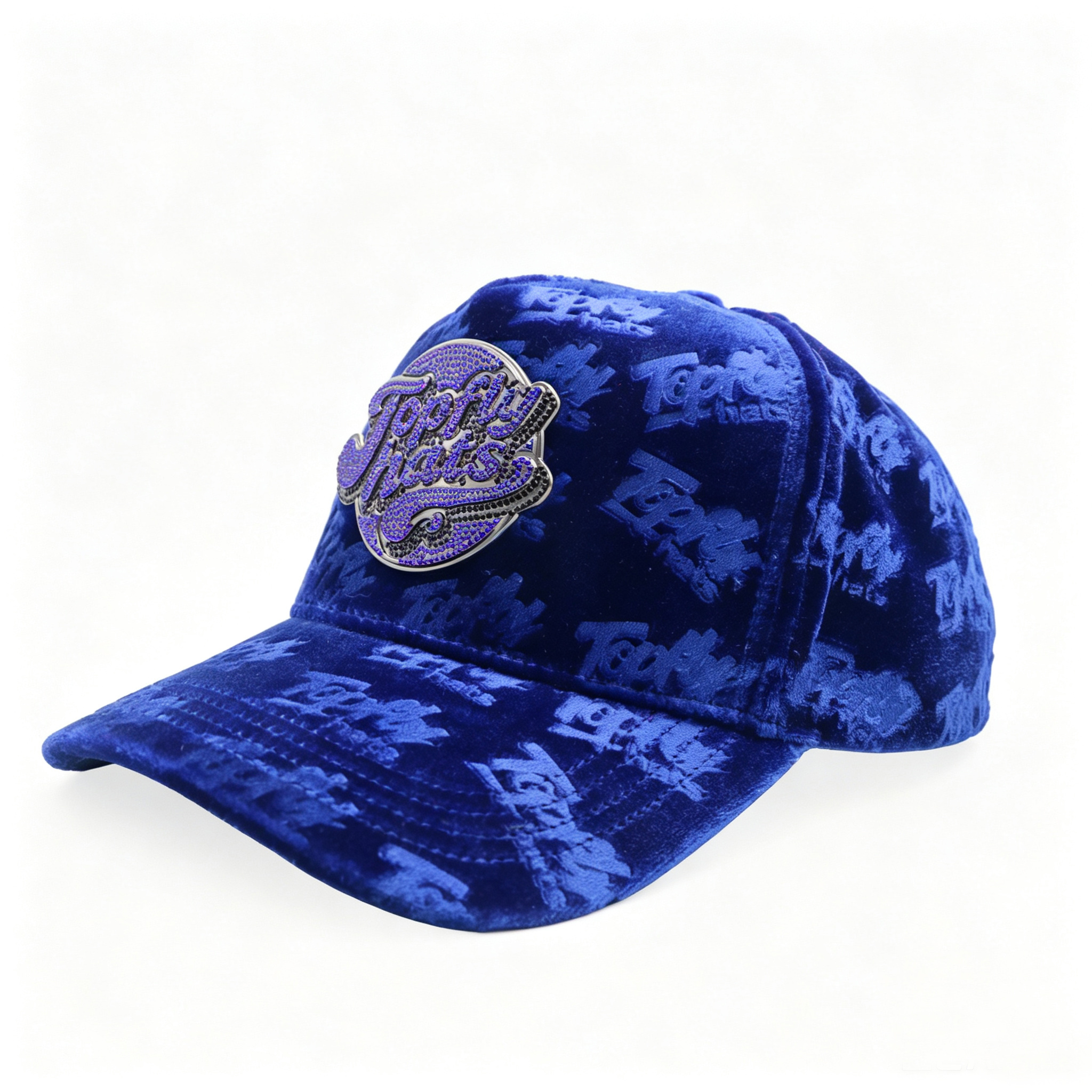 Royal Blue Velvet Trucker Hat All Over Embossed Logo Custom Rhinestone Metal Patch Velvet Baseball C