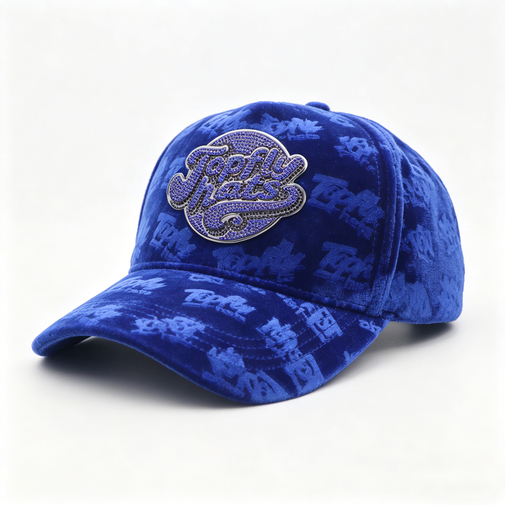 Royal Blue Velvet Trucker Hat All Over Embossed Logo Custom Rhinestone Metal Patch Velvet Baseball Cap For Men Women