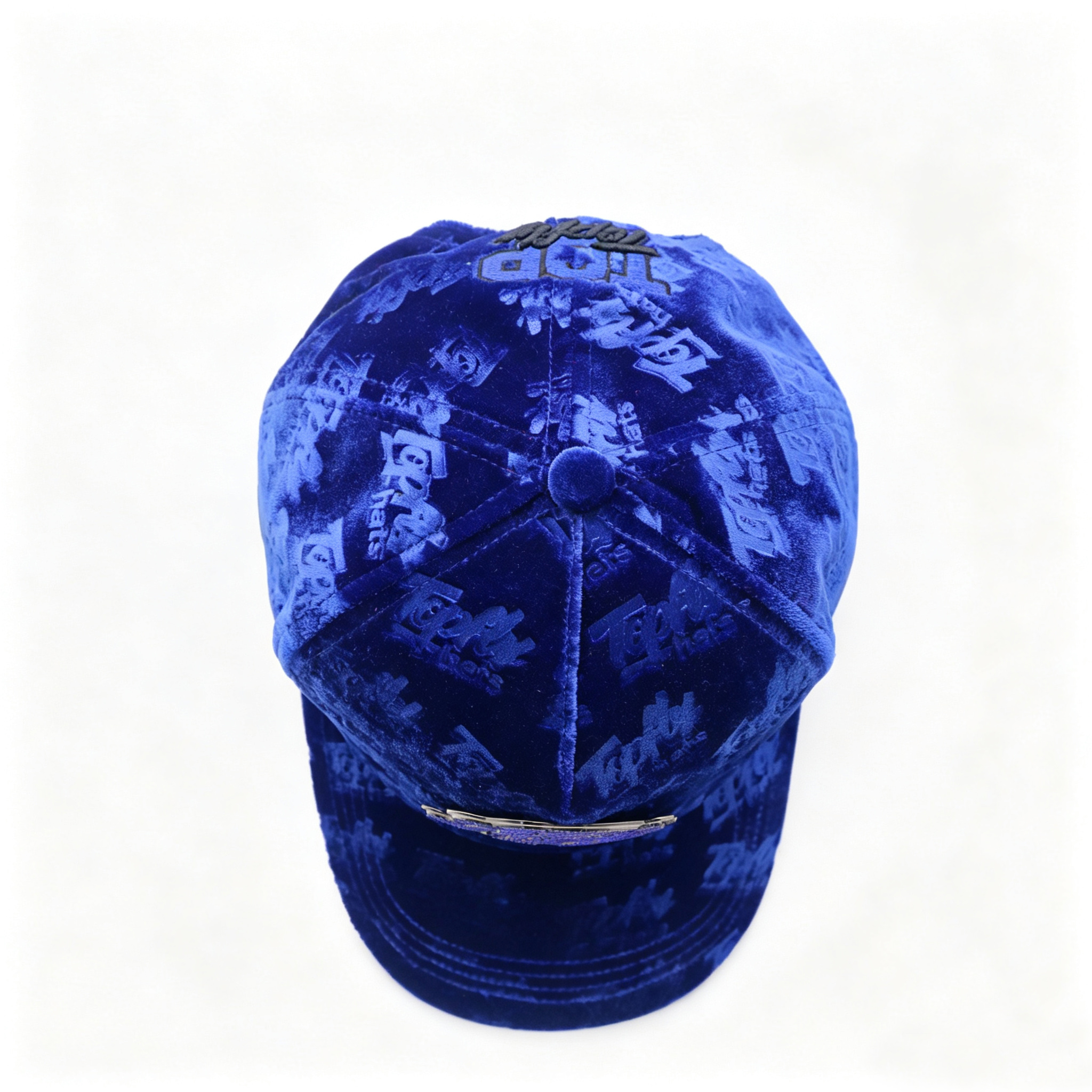 Royal Blue Velvet Trucker Hat All Over Embossed Logo Custom Rhinestone Metal Patch Velvet Baseball Cap For Men Women