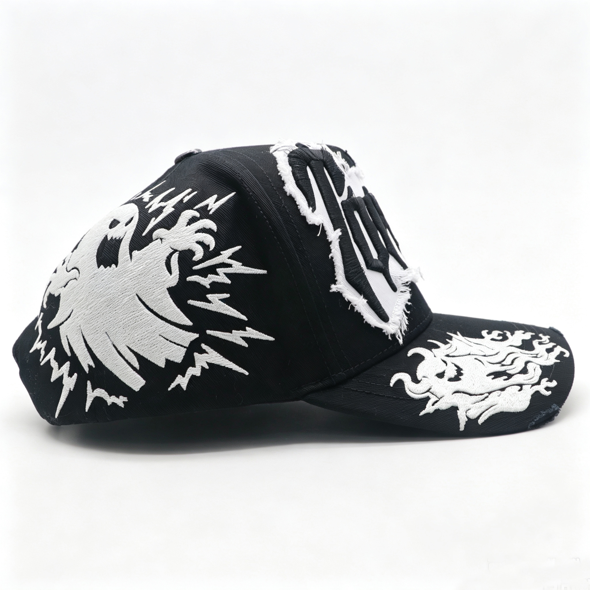 Custom 3D Puff Embroidery Trucker Hat,Frayed Patch Distressed Baseball Cap,Devil Flame Graphic Streetwear Snapback Cap For Men