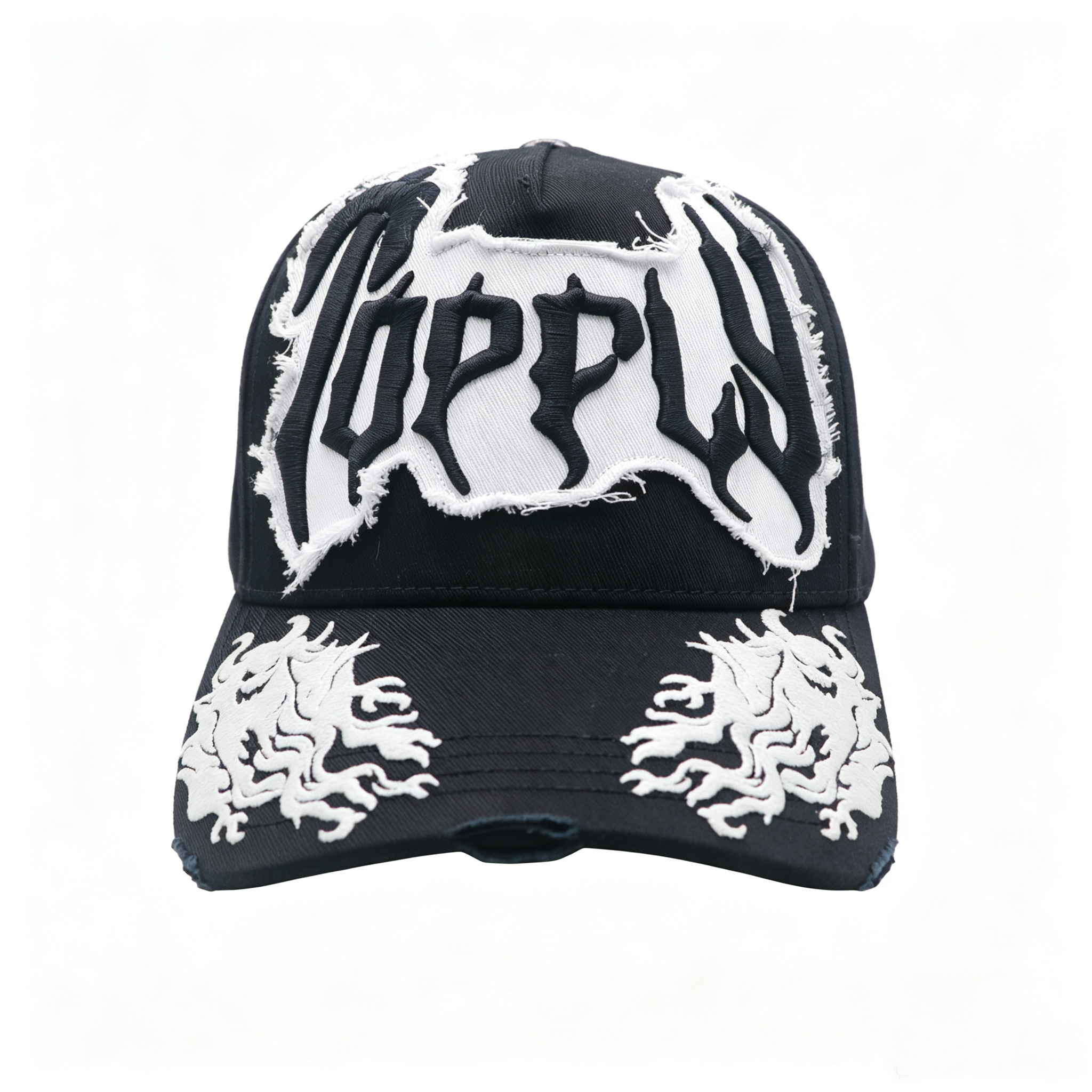 Custom 3D Puff Embroidery Trucker Hat,Frayed Patch Distressed Baseball Cap,Devil Flame Graphic Streetwear Snapback Cap For Men