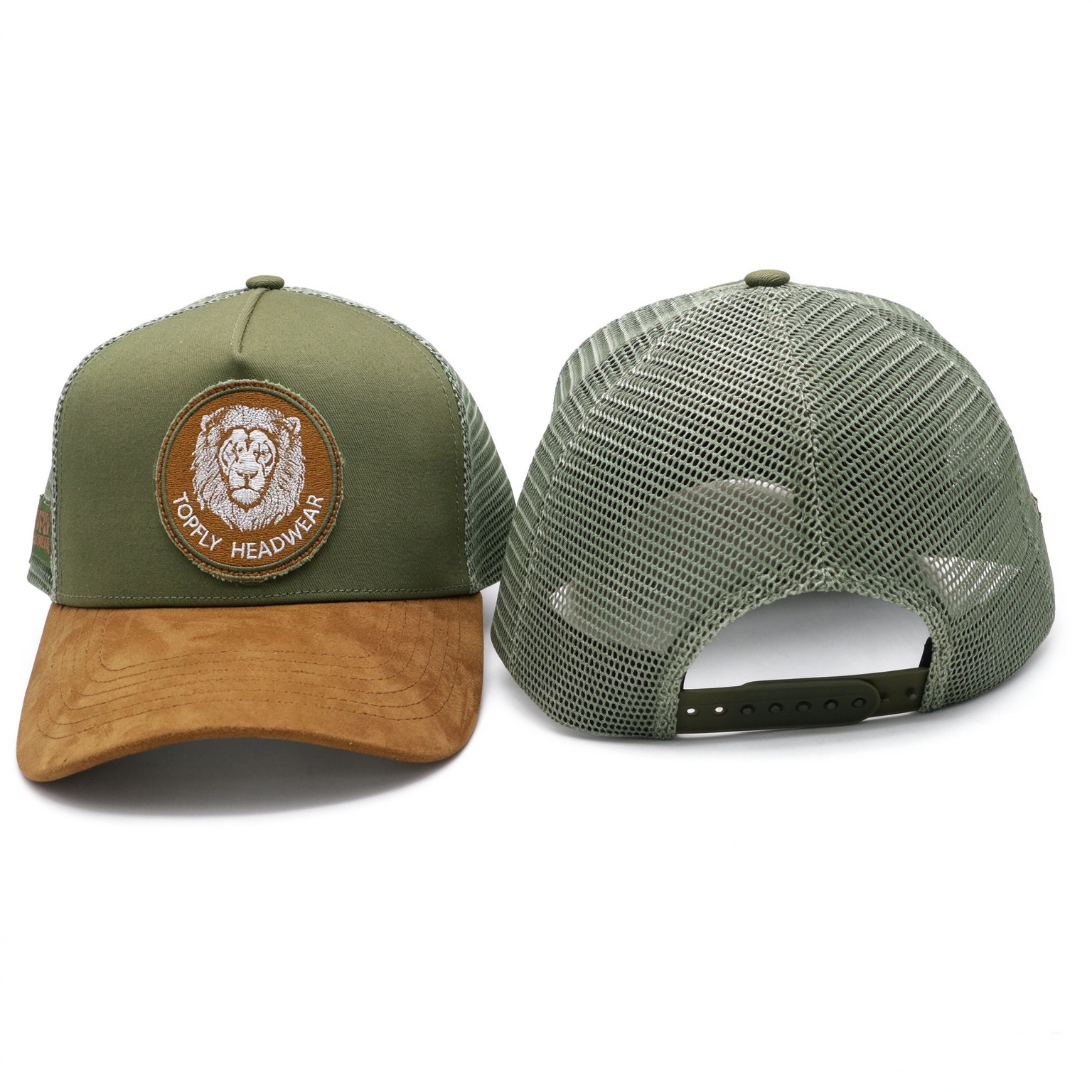 Wholesale Suede Curved Brim Trucker Cap, Custom Lion Embroidery Woven Patch, Mesh Back 5 Panel Outdoor Hunting Hat