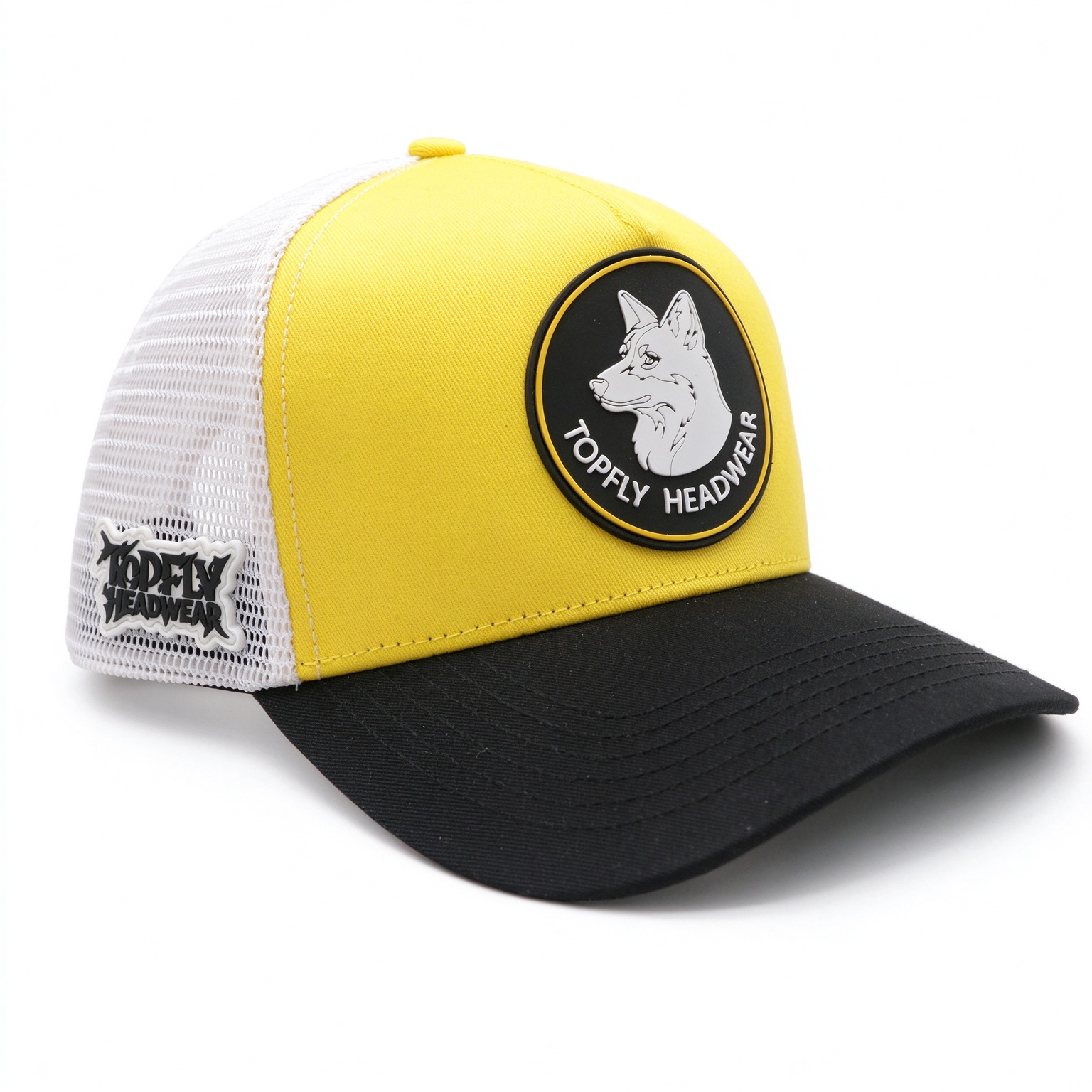5 Panel Trucker Hat Yellow White Black Color Block Mesh Back Cap Custom Round PVC Rubber Patch Logo Outdoor Baseball Cap for Men