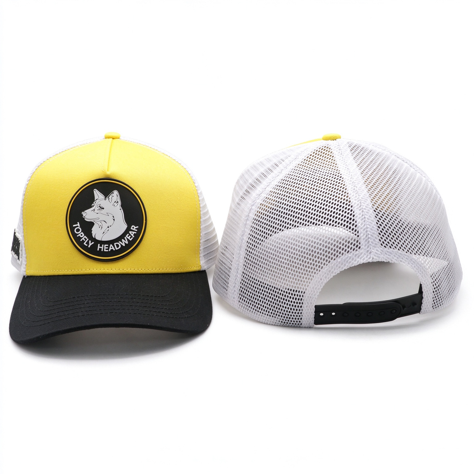 5 Panel Trucker Hat Yellow White Black Color Block Mesh Back Cap Custom Round PVC Rubber Patch Logo Outdoor Baseball Cap for Men