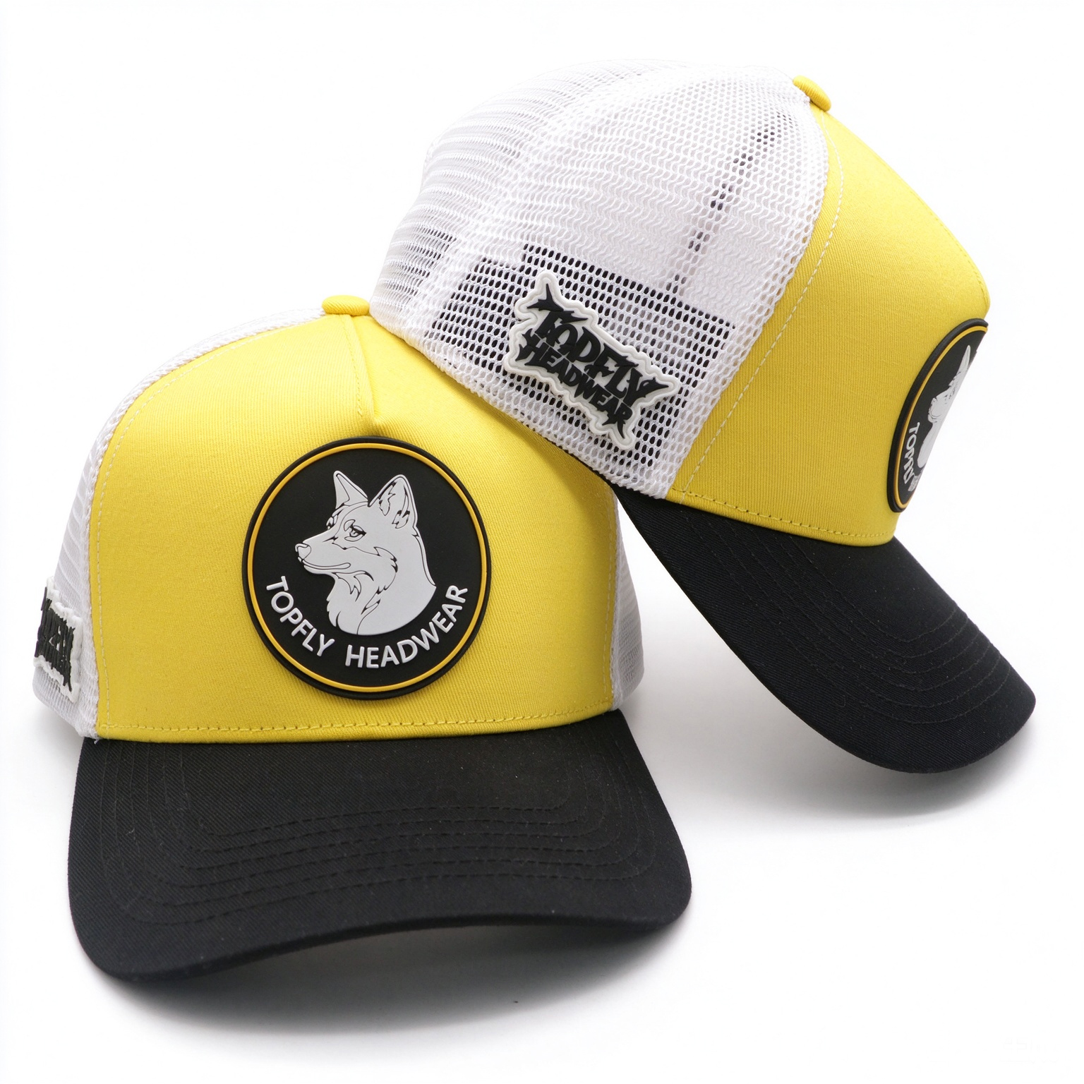 5 Panel Trucker Hat Yellow White Black Color Block Mesh Back Cap Custom Round PVC Rubber Patch Logo Outdoor Baseball Cap for Men