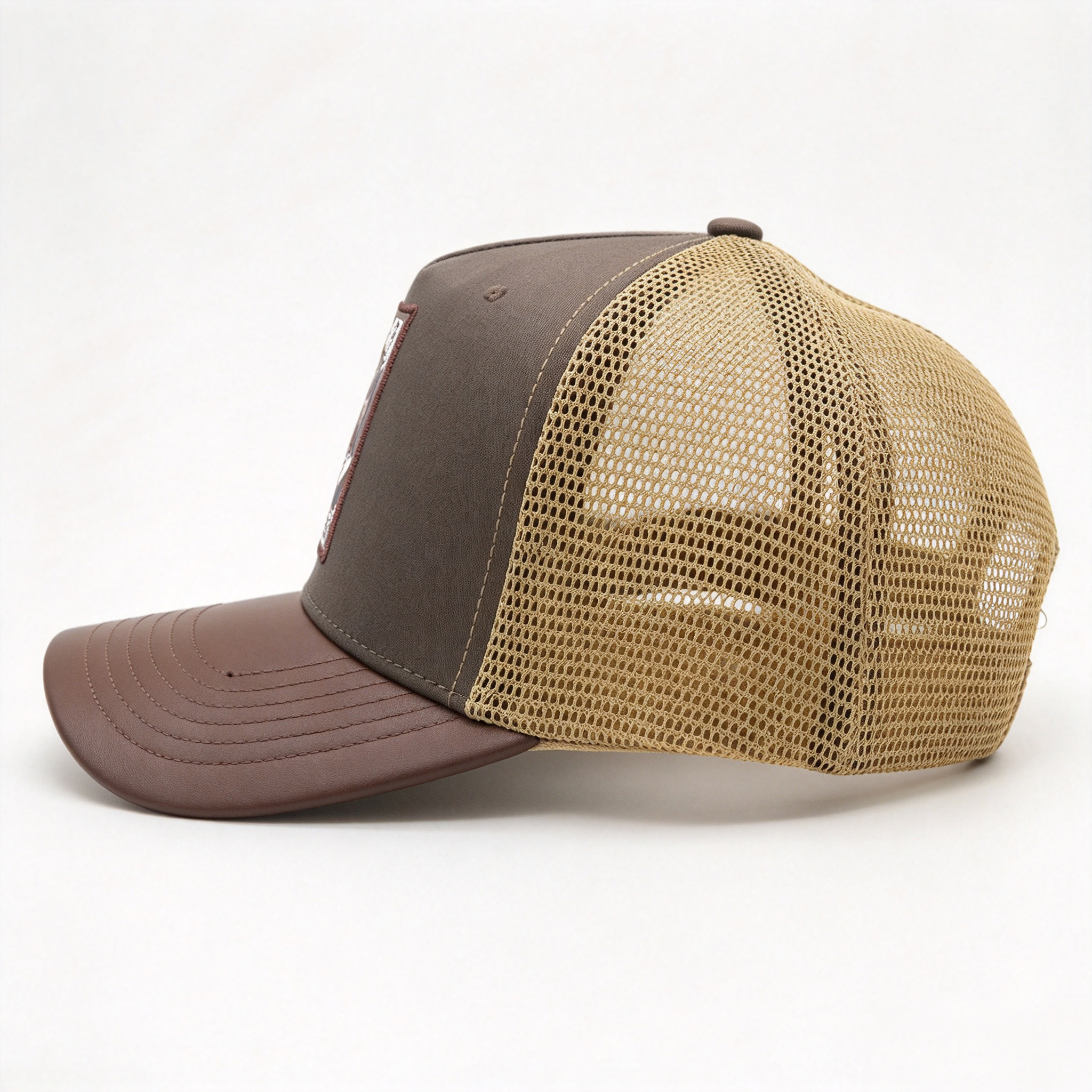 Topfly Custom Trucker Hat Leather Brim Deer Patch Embroidery Mesh Back Outdoor Hunting Baseball Cap for Men