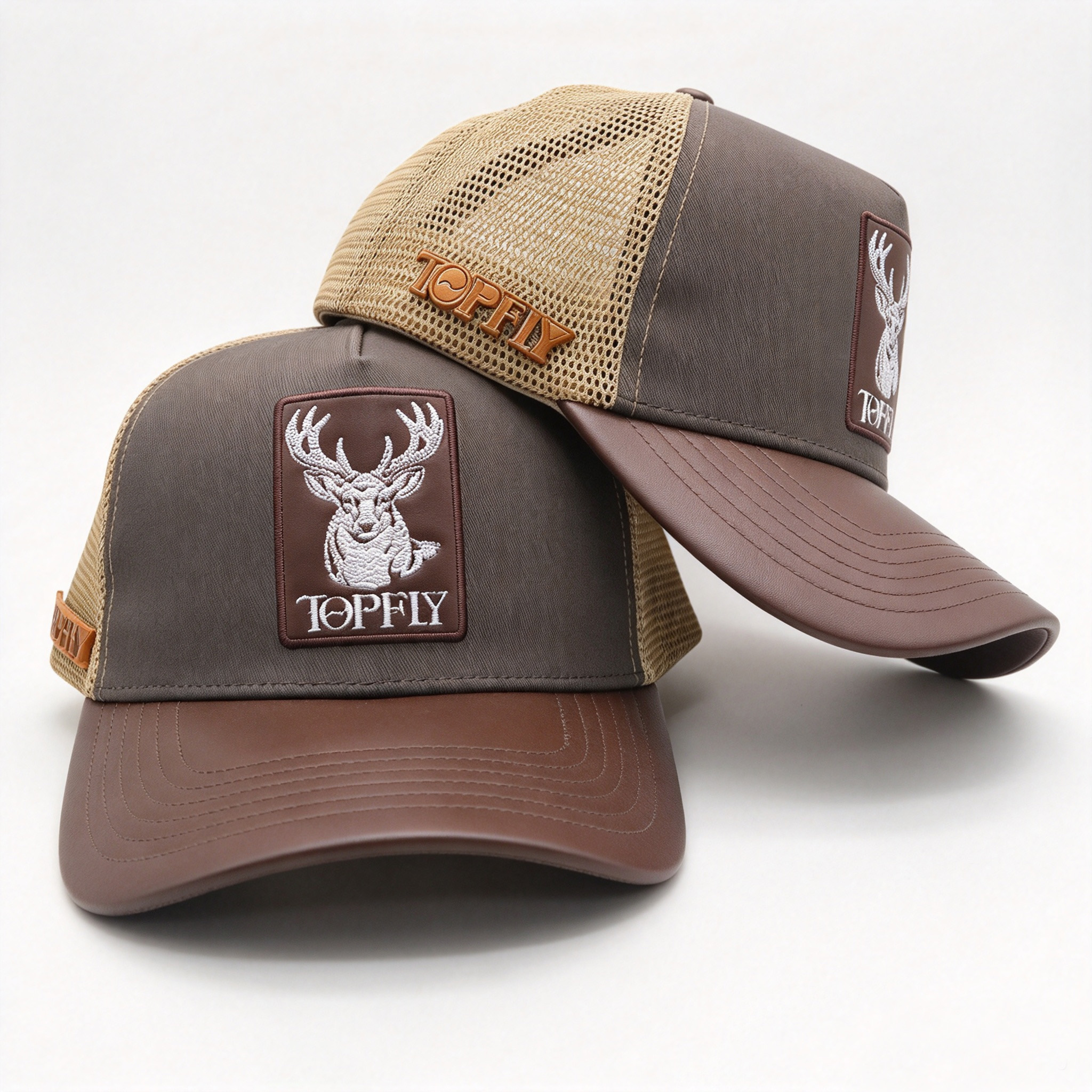 Topfly Custom Trucker Hat Leather Brim Deer Patch Embroidery Mesh Back Outdoor Hunting Baseball Cap for Men