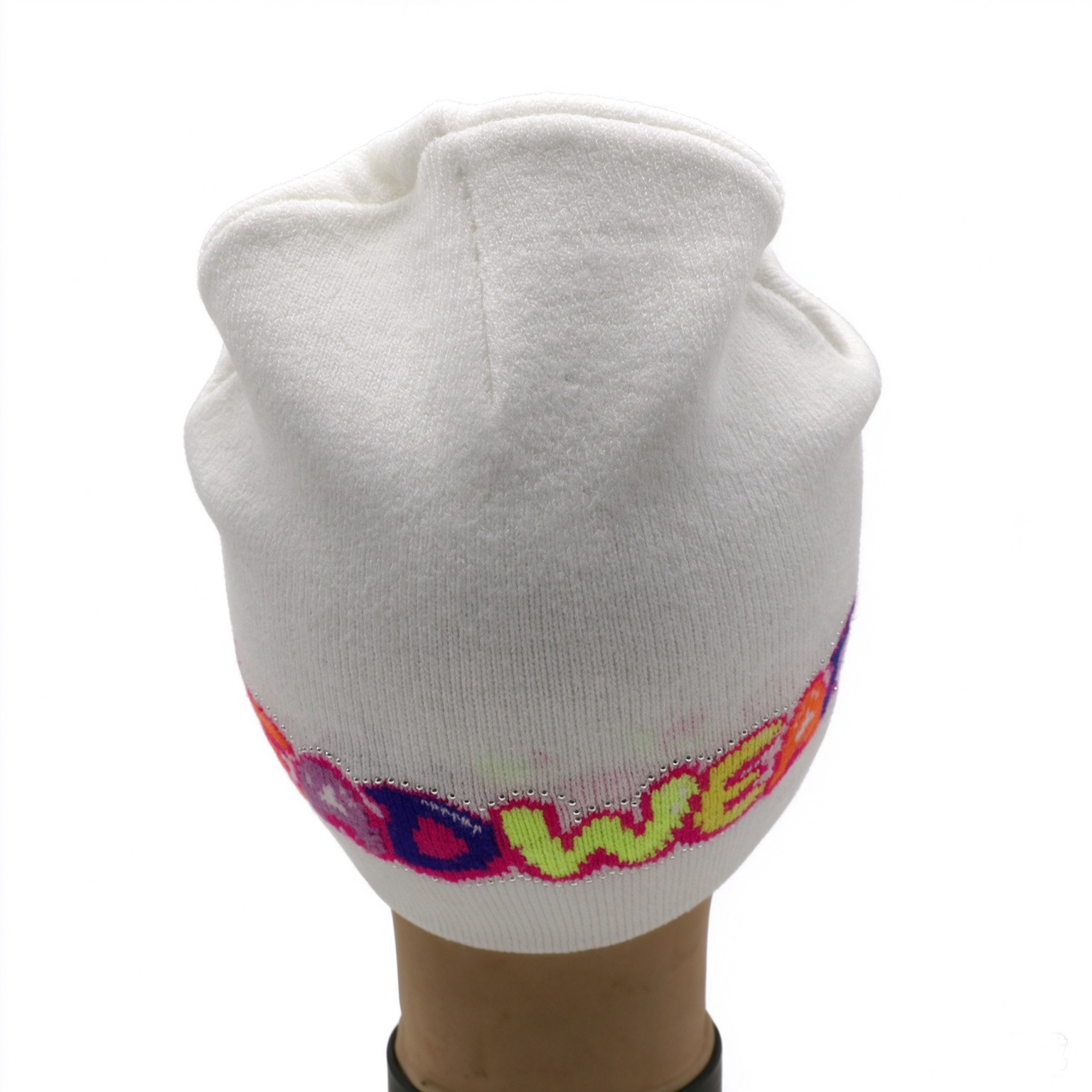 White Slouch Knit Beanie Hat, Colorful Star TOPFLY Letter Jacquard Beanie With Rhinestone Outline Y2K Streetwear Winter Cap