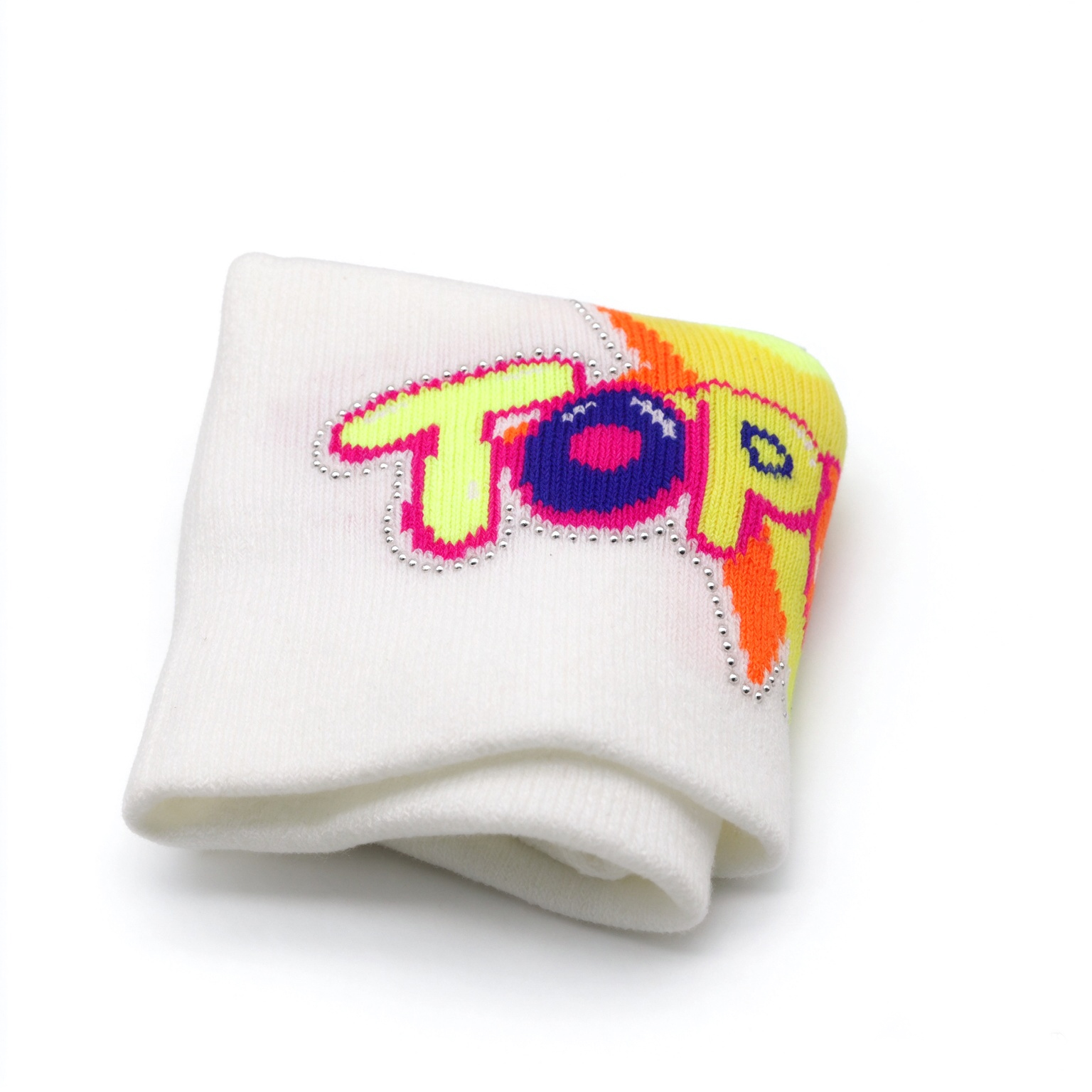 White Slouch Knit Beanie Hat, Colorful Star TOPFLY Letter Jacquard Beanie With Rhinestone Outline Y2K Streetwear Winter Cap