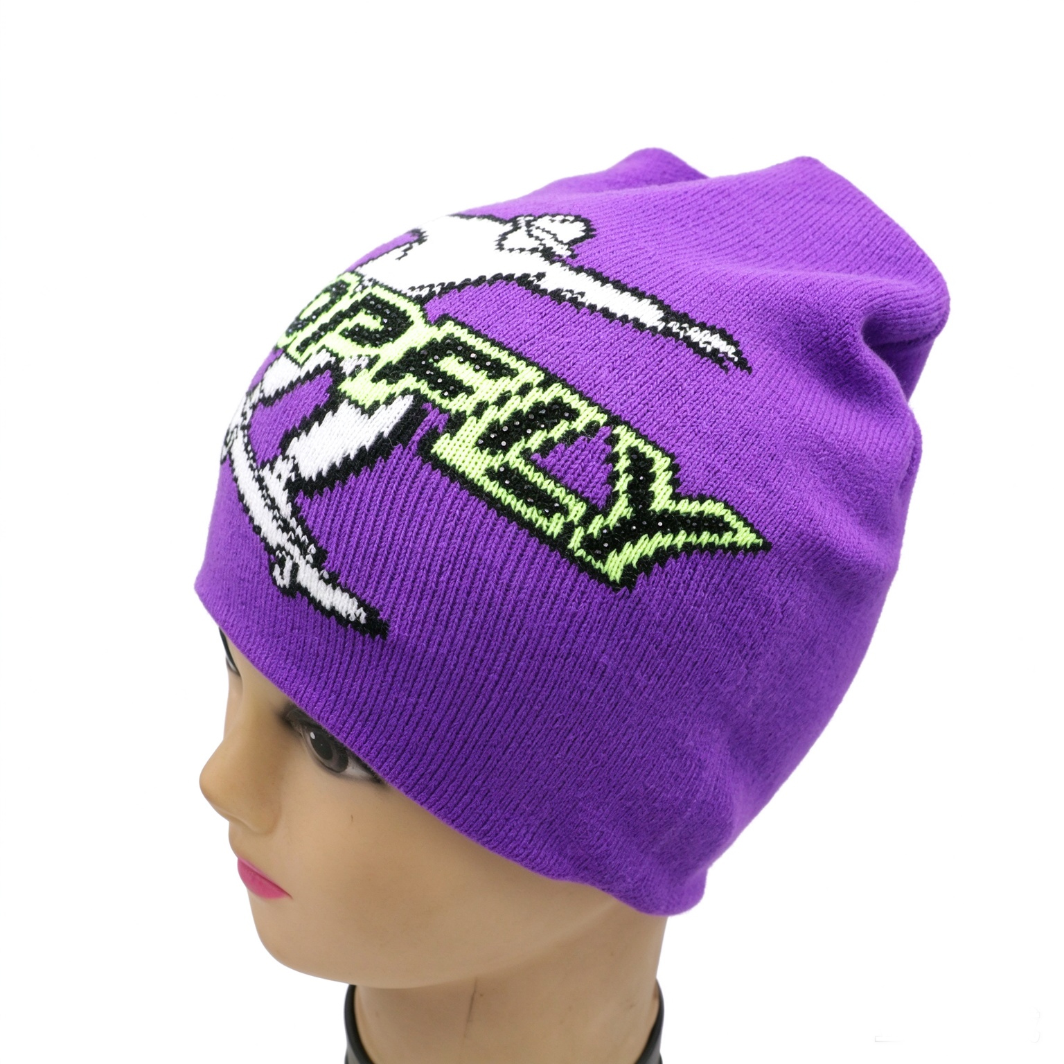 Wholesale Unisex Slouch Knit Beanie Hat Purple Skateboard Jacquard Pattern Beanie With Rhinestone Letter Logo