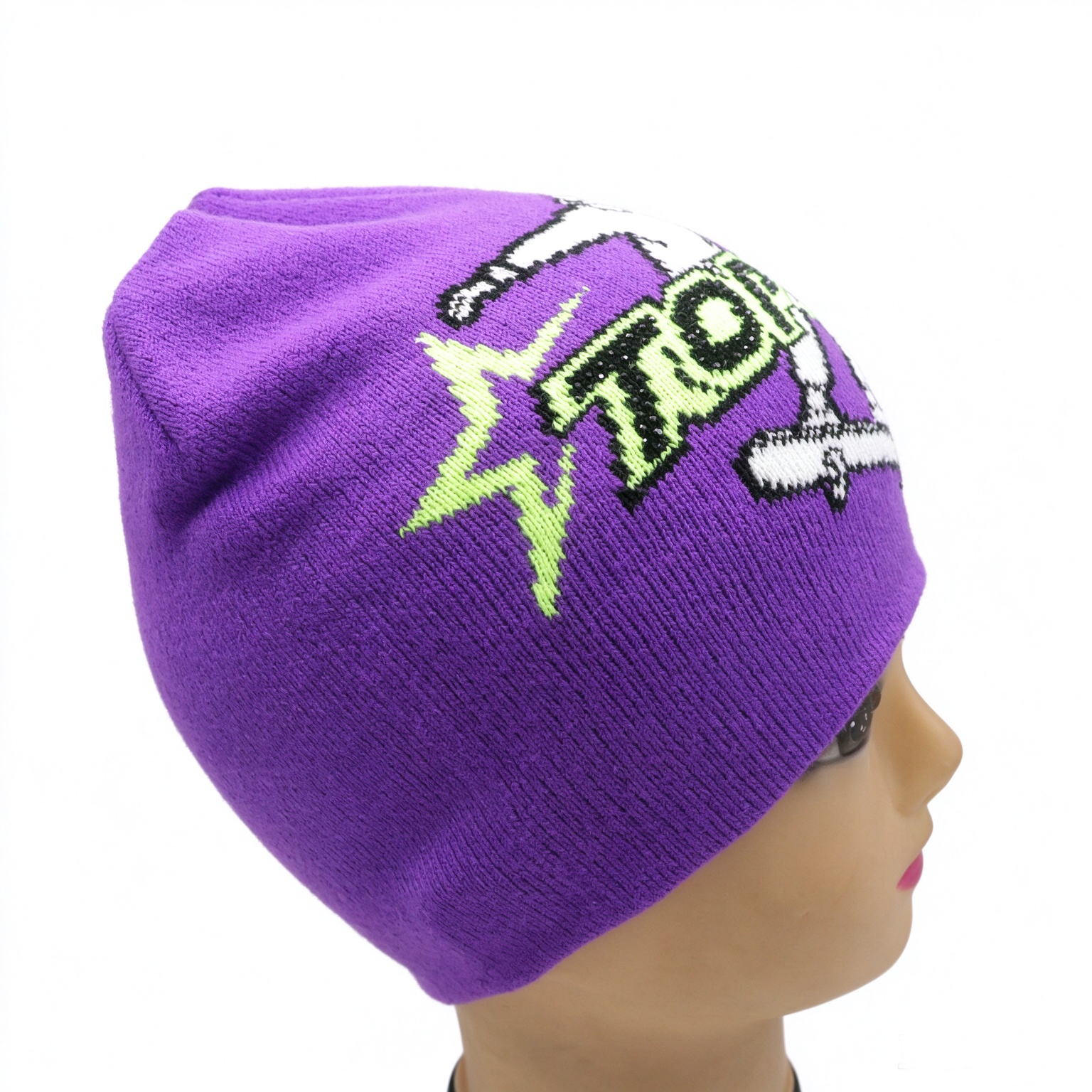 Wholesale Unisex Slouch Knit Beanie Hat Purple Skateboard Jacquard Pattern Beanie With Rhinestone Letter Logo