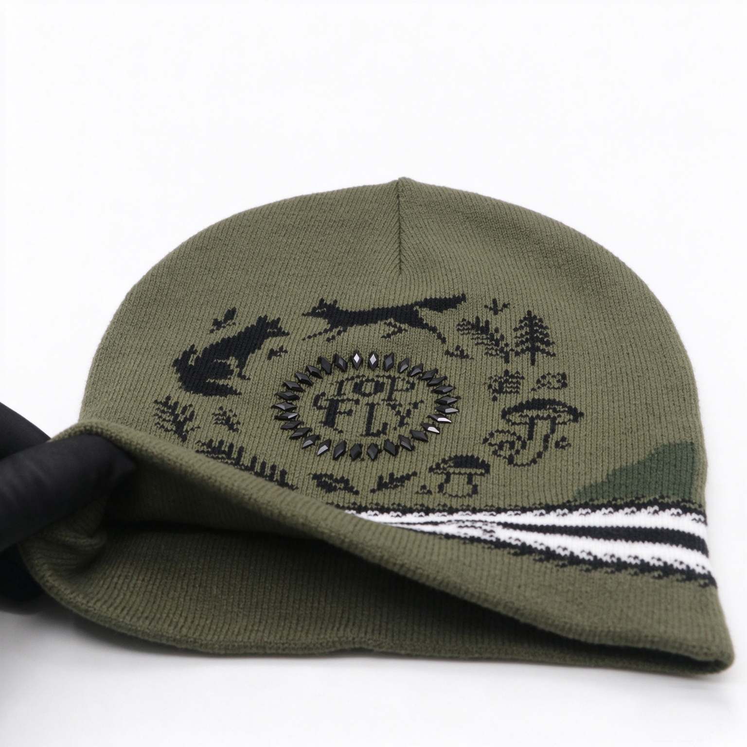 Wholesale Unisex Jacquard Knitted Beanie Hat With Rhinestone Logo, TOPFLY Winter Warm Slouch Knit Cap Custom Pattern OEM