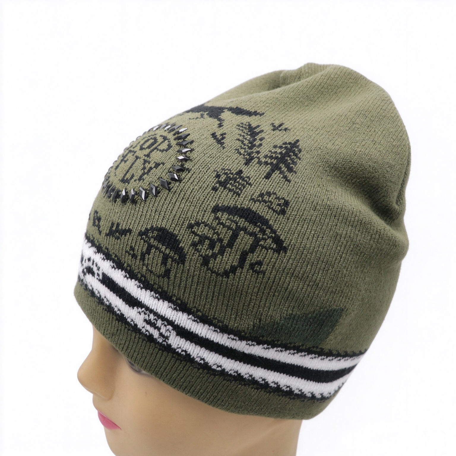 Wholesale Unisex Jacquard Knitted Beanie Hat With Rhinestone Logo, TOPFLY Winter Warm Slouch Knit Cap Custom Pattern OEM