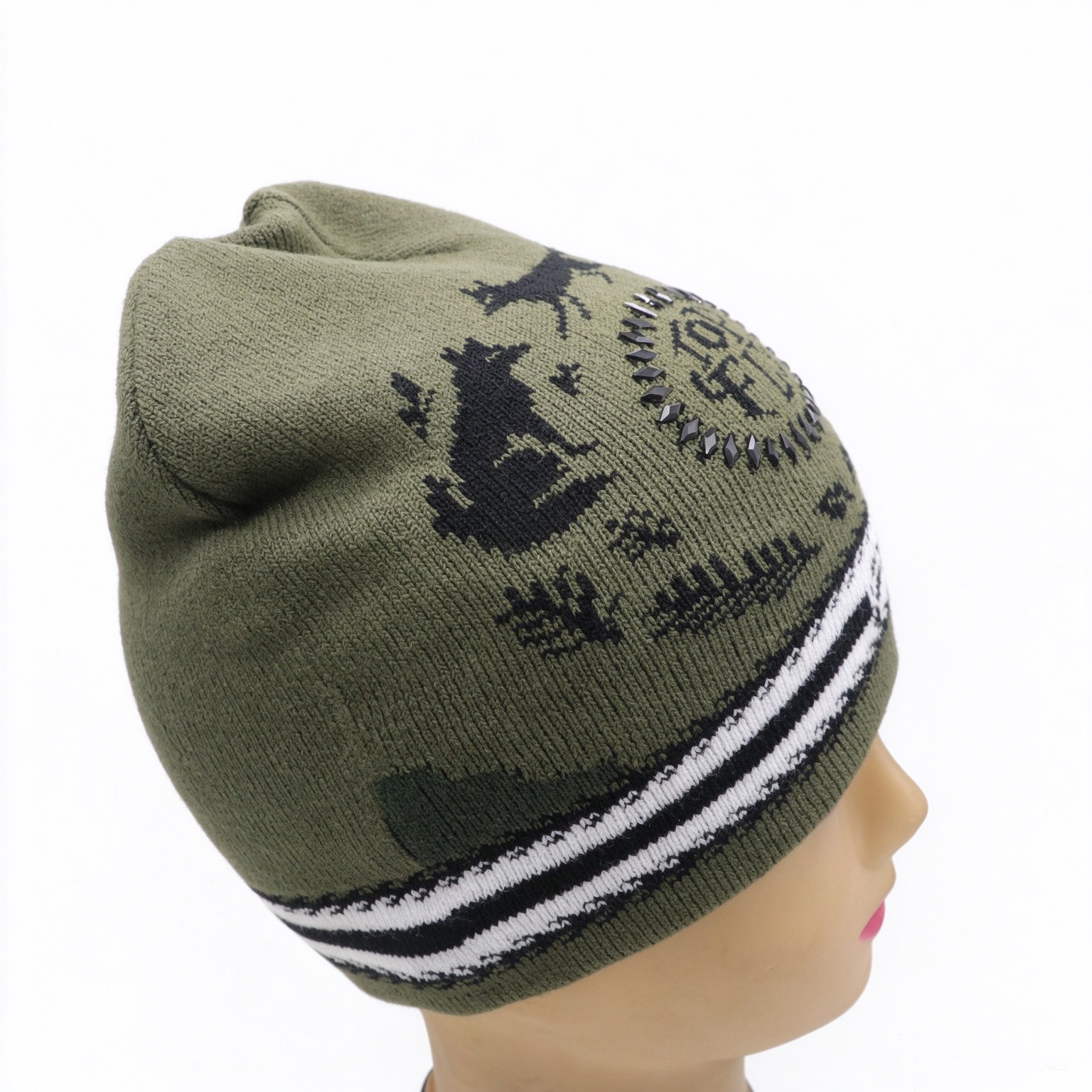 Wholesale Unisex Jacquard Knitted Beanie Hat With Rhinestone Logo, TOPFLY Winter Warm Slouch Knit Cap Custom Pattern OEM